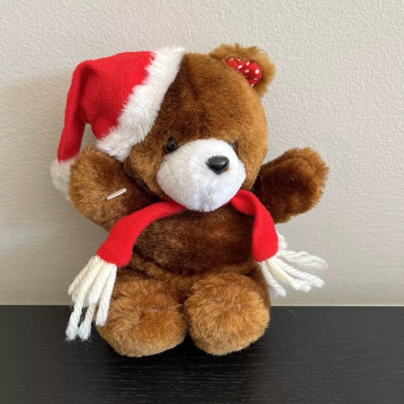 Fun World Bear Plush Christmas Ornament Santa Hat Scarf Vintage Stuffed Animal - Picture 1 of 8